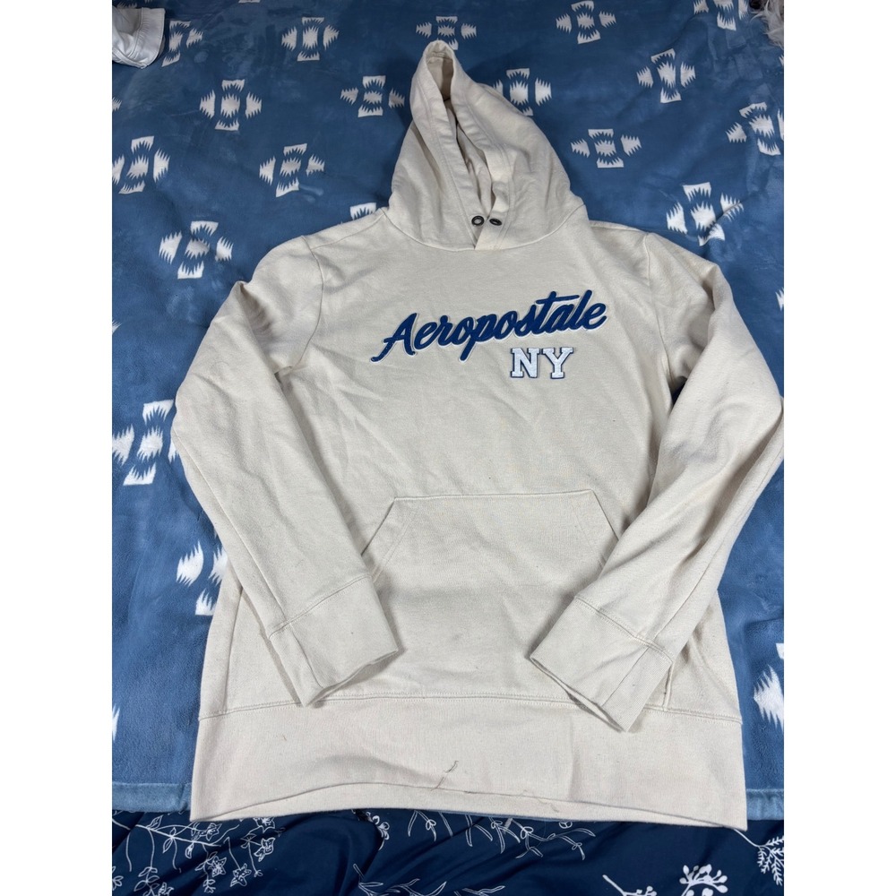 Aeropostale NY Graphic Hoodie Mens Small Cream Navy Blue Logo Sweatshirt 7050